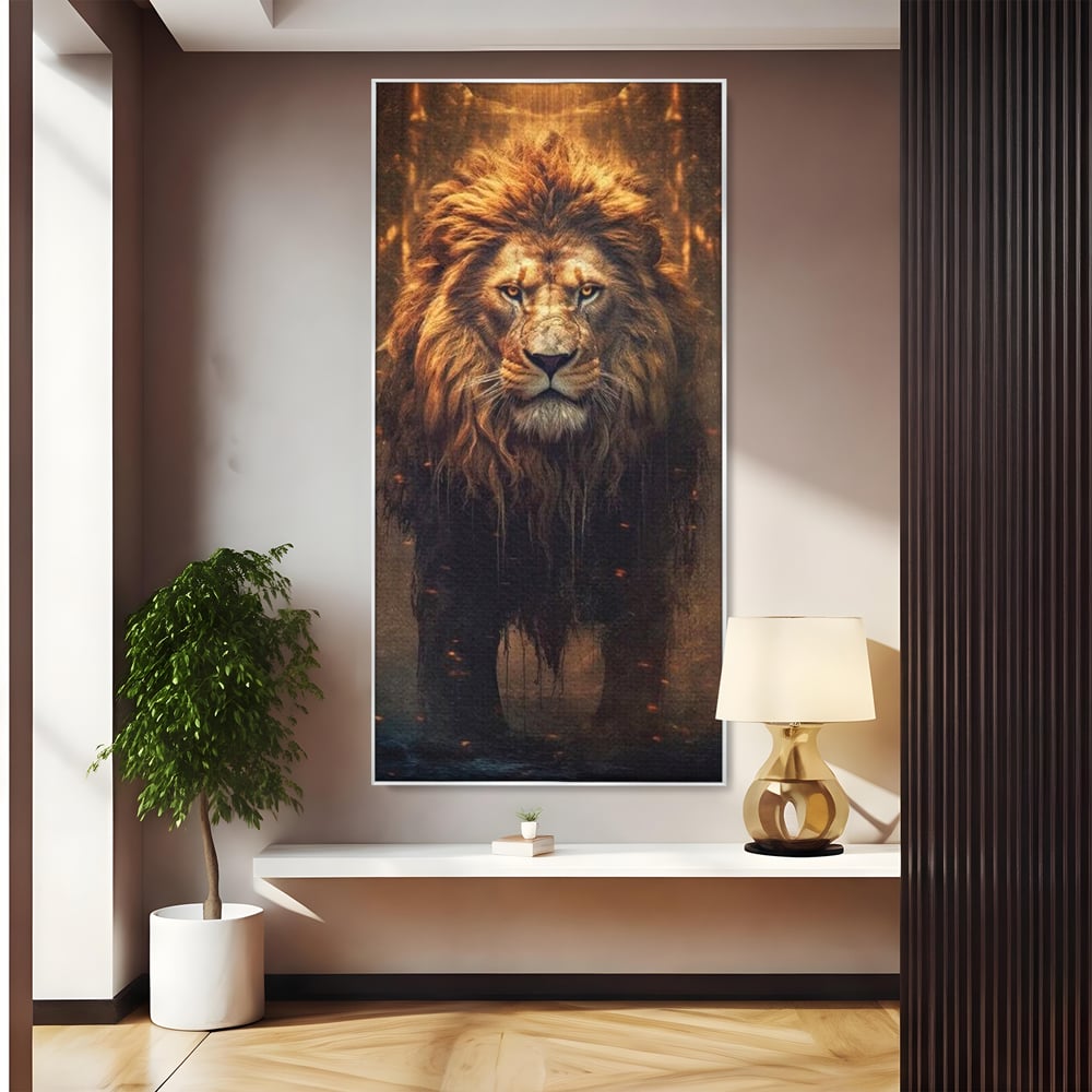 Tablou canvas cu tablou canvas cu portret de leu, in rama de aluminiu argintiu